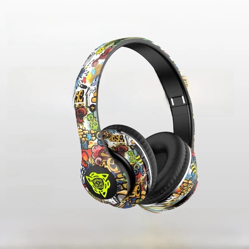 Auriculares inalámbricos supraaurales estilo graffiti con radio FM y ranura para tarjeta TF