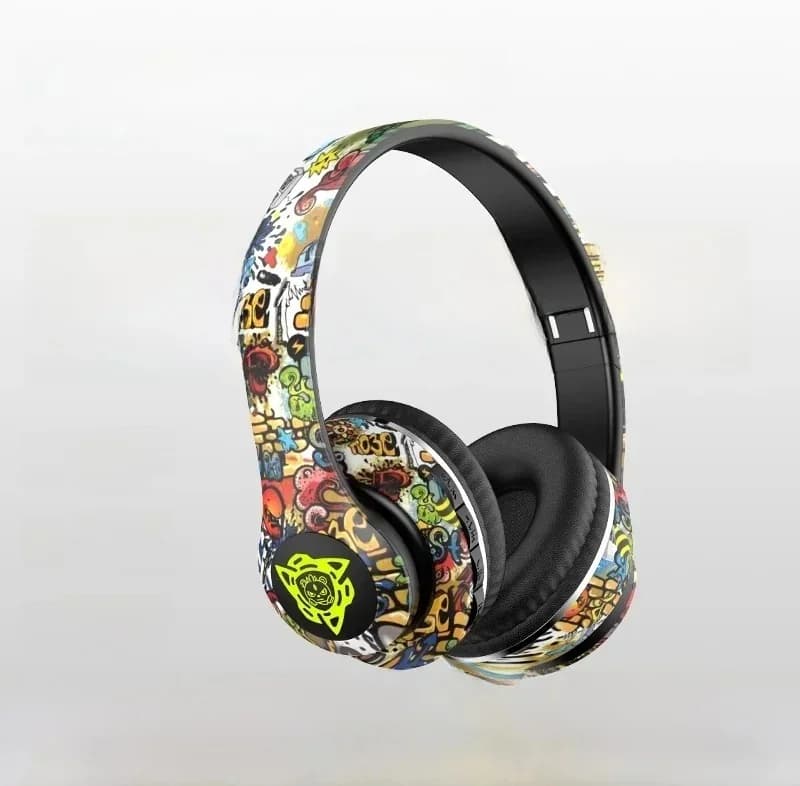 Auriculares inalámbricos supraaurales estilo graffiti con radio FM y ranura para tarjeta TF