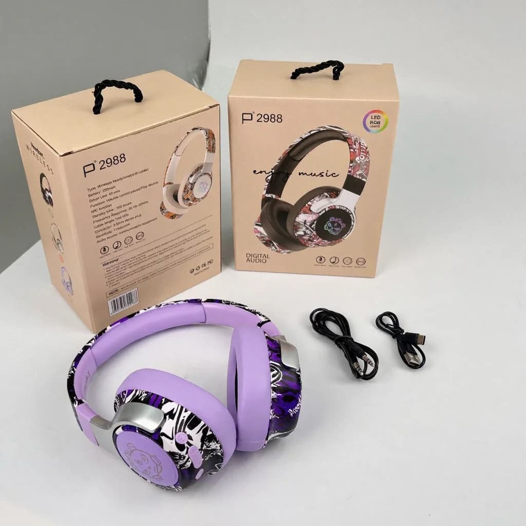 Auriculares Bluetooth supraaurales estilo graffiti con luces RGB y micrófono