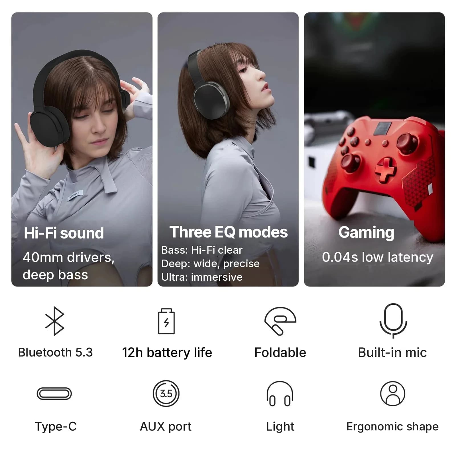 Auriculares Bluetooth inalámbricos supraaurales con tres modos EQ y micrófono