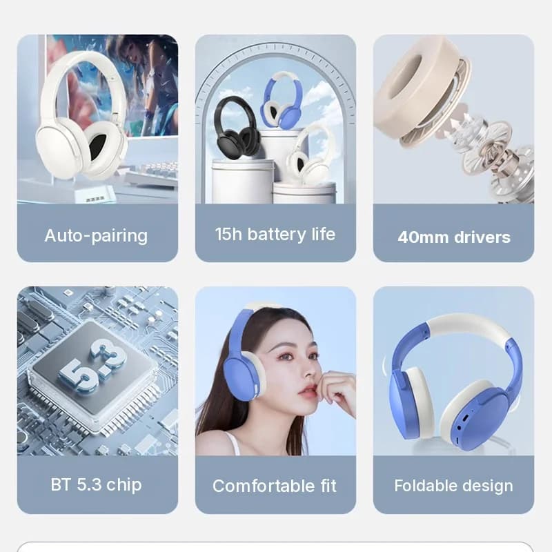 Auriculares Bluetooth inalámbricos supraaurales con larga duración de batería