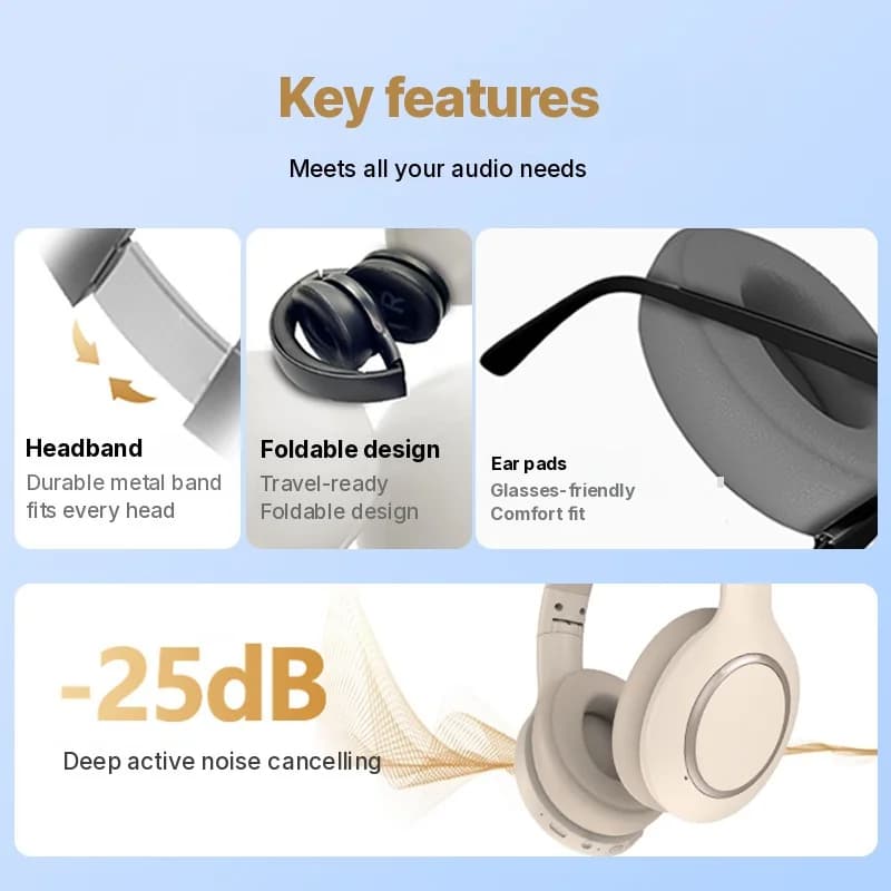 Auriculares Bluetooth supraaurales con cancelación activa de ruido y larga duración de batería