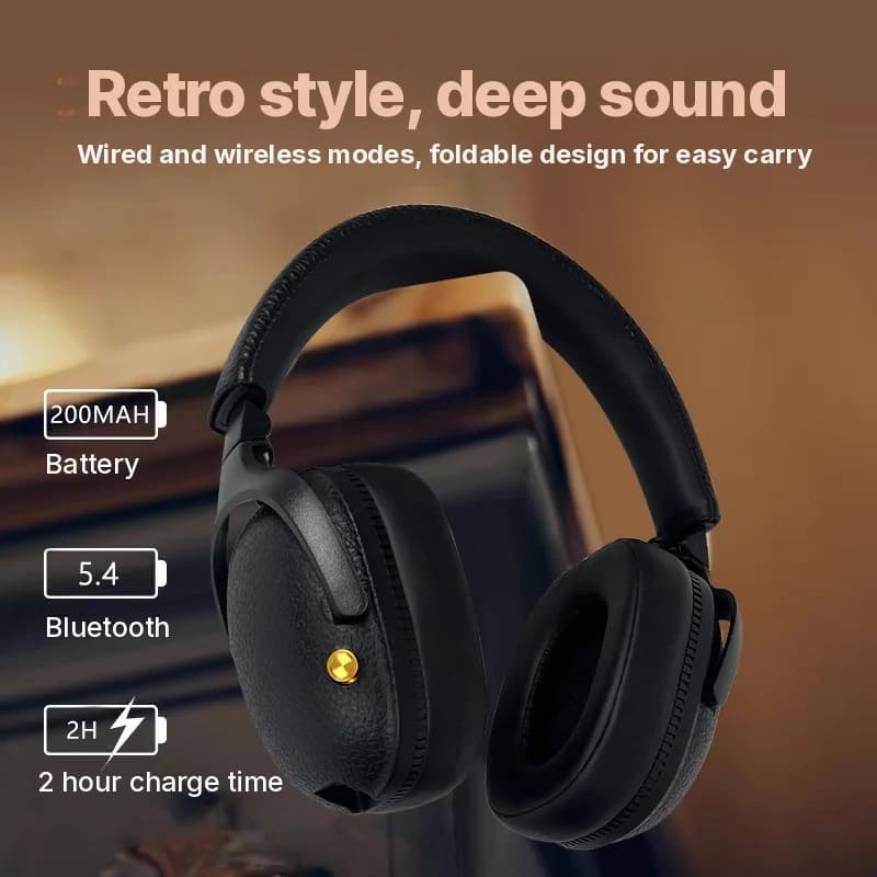 Auriculares Inalámbricos Circumaurales Retro con Carga Type-C y Ranura para Tarjeta TF