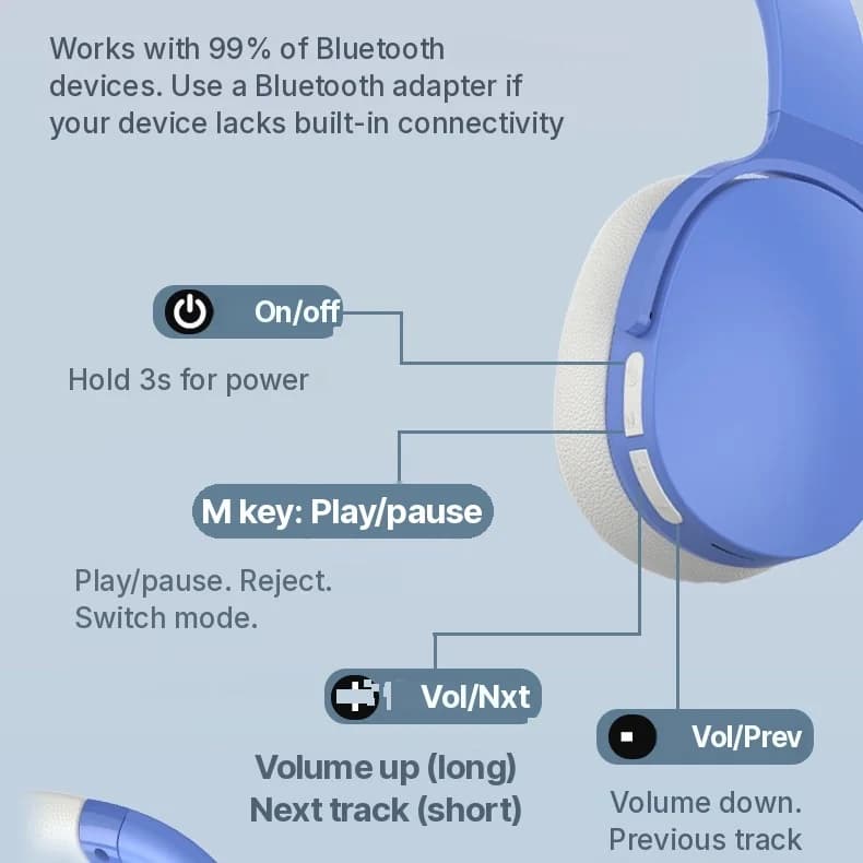 Auriculares Bluetooth inalámbricos supraaurales con larga duración de batería