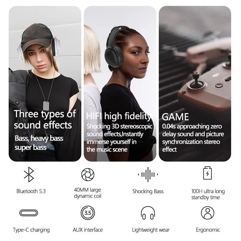 Auriculares inalámbricos Bluetooth supraaurales con radio FM y reducción de ruido