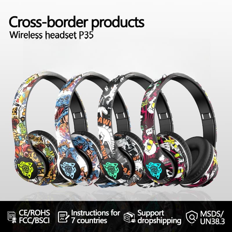 Auriculares inalámbricos supraaurales estilo graffiti con radio FM y ranura para tarjeta TF